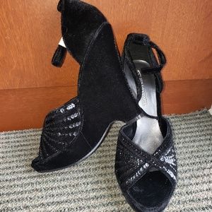 Black Sequined Velvet Wedge Sandals, size 5.5
